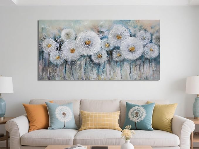 Acocifi Floral Canvas Wall Art for Living Room Dandelion Picture Large Flower Bedroom Painting 60% Handmade Textured, Grey Vintage Artwork Framed for Dining Room Office Home Decor 40"x20"