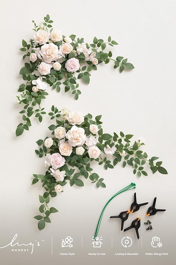 Ling's moment 2PCS Blush Cream Artificial Floral Swags Wedding Arch Flowers Rose Garland Centerpieces Greenery Arrangements for Sweetheart/Head Table Easel Wall Entryway Board Backdrop