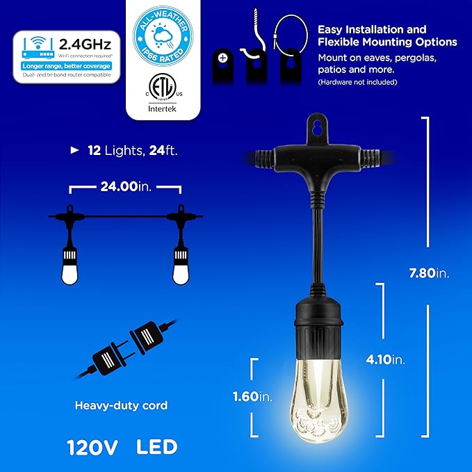 Enbrighten Vibe Vintagе Outdoor String Lights 2, 24ft, 12 RGBWIC Shatterрroof Acrylic Bulbs, Waterрroof, Patiо, Backyard, Gamеday, Holiday, Smart App, Works with Alеxa, Google Home, 86127