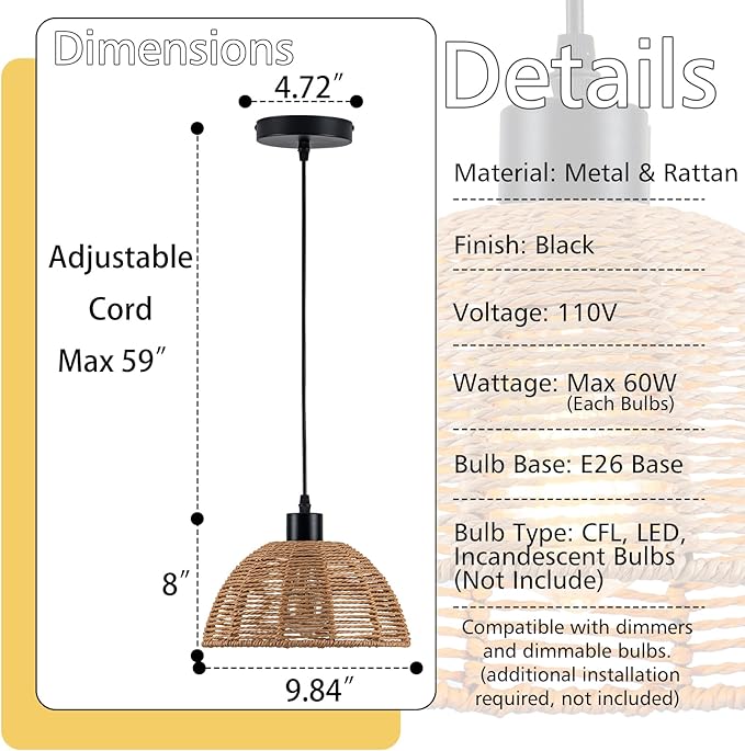Boho Rattan Pendant Lights Vintage 2-Pack Farmhouse 9.84" Dome Hand Woven Bamboo Pendant Light Fixture Retro Boho Pendant Lighting for Kitchen Island, Bedroom, Dining Room, Hallway
