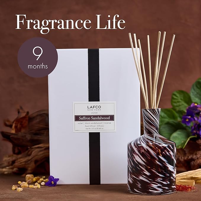 LAFCO New York Signature Fall Reed Diffuser, Saffron Sandalwood - 15 oz - Up to 9 Months Fragrance Life - Reusable, Hand Blown Glass Vessel - Natural Wood Reeds - Made in The USA