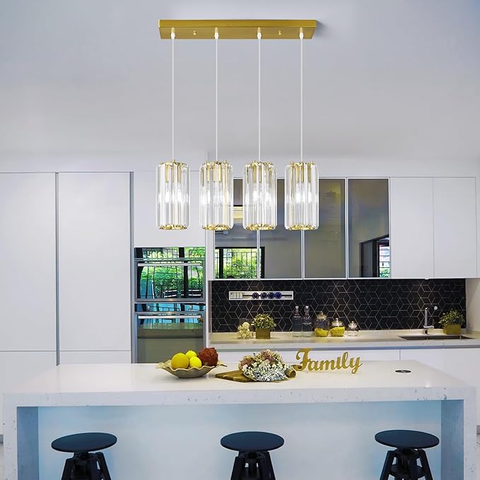 Gold Pendant Lighting Modern Pendant Light, Mini Crystal Chandeliers,Adjustable Pendant Light Fixture for Kitchen Island Dinning Room Corridor Bedroom(Gold 4-Light)