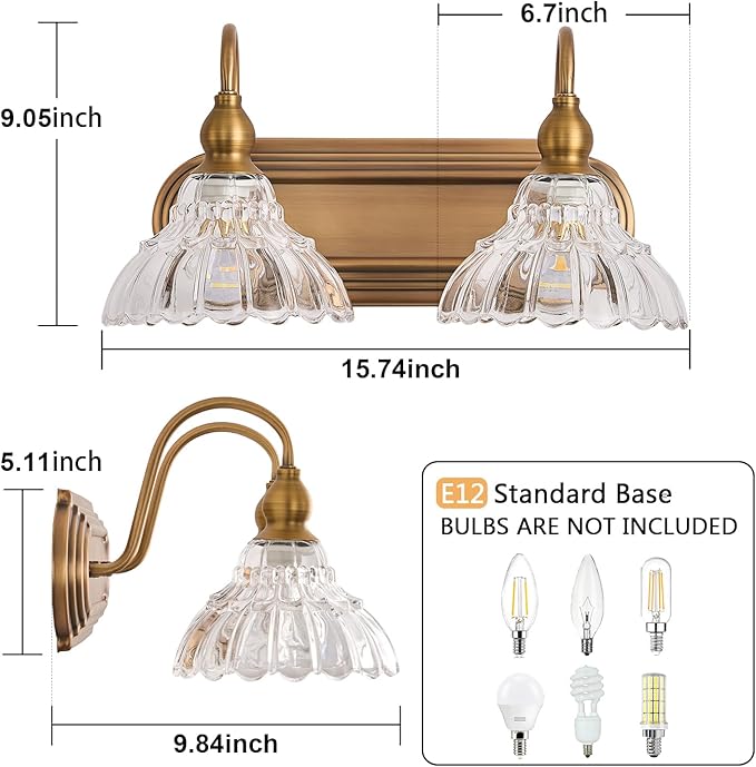 Vintage 2-Light Bathroom Vanity Light Wall Sconce Gold Wall Light Made of Metal Body and Pressed Patterned Glass Retro Vanity Light for Bedroom, Bathroom, Farmhouse, Hallway
