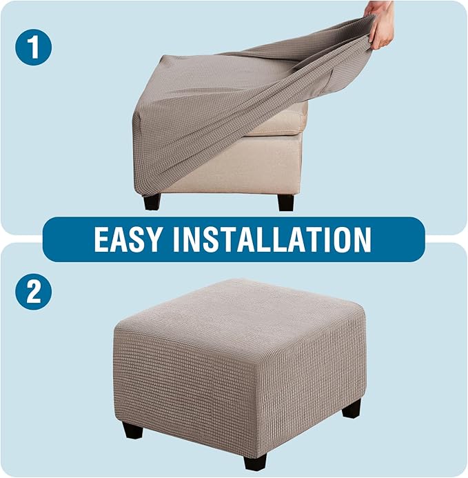 H.VERSAILTEX Square Ottoman Covers Ottoman Slipcovers Folding Storage Stool Furniture Protector Form Fit with Elastic Bottom, Stretch High Spandex Small Checks Jacquard Fabric(Medium,Taupe)