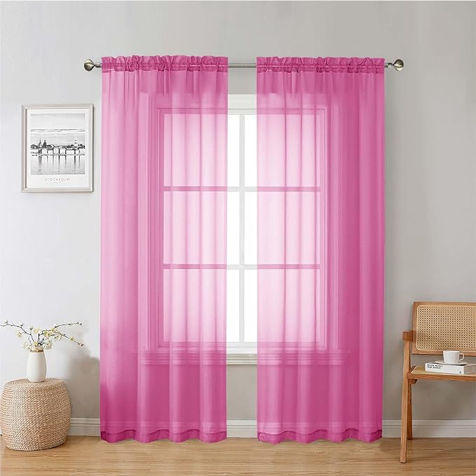 Lecloud Hot Pink Sheer Curtains 78 Inches Long 2 Panels, Rod Pockets Solid Voile Living Room Curtains for Bedroom Dining Room, Light Filtering Airy Modern Farmhouse Drapes, Each Panel 42" W x 78" L
