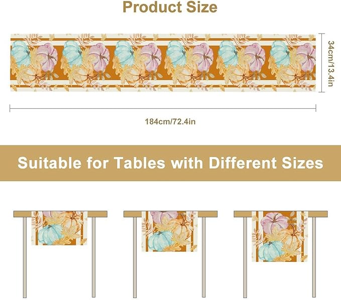 Watercolor Pumpkin Table Runner Rustic Farmhouse Autumn Plants Colorful Leaves Pastoral Harvest Theme Home Decor for Farmhouse Indoor Outdoor Party Holiday Dining Kitchen Restaurant Cafe W13xL120in