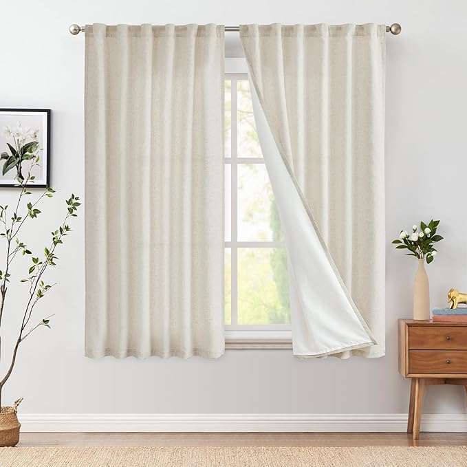 jinchan Beige Linen Blend Curtains for Bedroom 63 Inches Length 2 Panels Natural Window Treatment for Kitchen, 50 Inches Wide Farmhouse Drapes with Rod Pocket Back Tab (50W x 63L, Ecru)