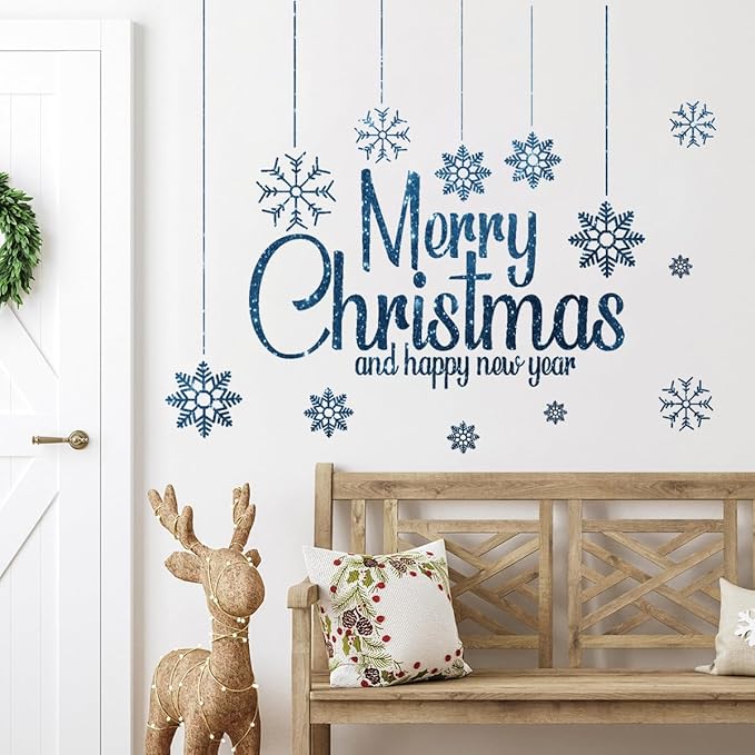 Merry Christmas and Happy New Year Wall Decal Snowflake Quotes Stickers Decorations 26" × 24" Peel and Stick Wall Saying Letters Vinyl Decor Art Decals for Livingroom Bedroom Office Window Decorations