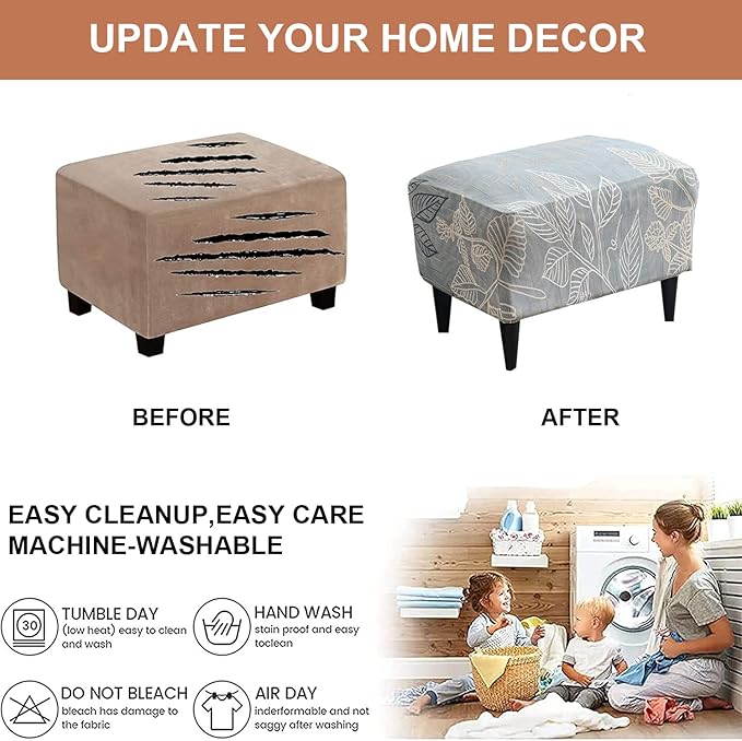 Eco-Ancheng Chair Cover Stretch Ottoman Cover Rectangular Storage Ottoman Slipcover Footrest Stool Covers Ottoman Slipcovers for Foot Stool with Nonslip Elastic Bottom
