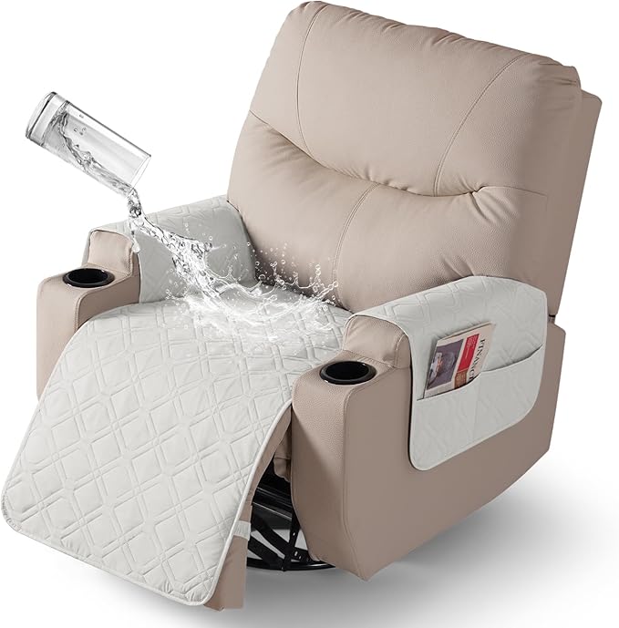 VANSOFY Recliner Chair Covers 100% Waterproof Seat Cover with Arm Reclining Cover Non-Slip Recliner Chair Covers Furniture Protector Washable Slipcover with Pocket for Pets, Dogs(Off White, 22")