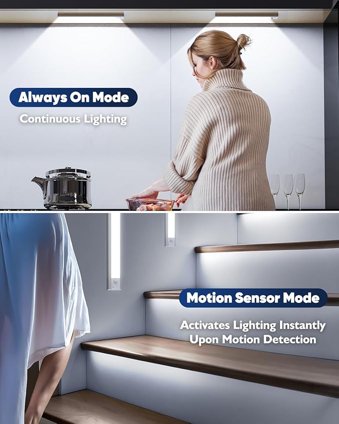 Under Cabinet Lights, LED Battery Operated Rechargeable Motion Sensor Lights Indoor, 6500K Magnetic Dimmable Closet Lights, 1500mAh Wireless Under Counter Night Lights for Kitchen, Stair, 3 Packs
