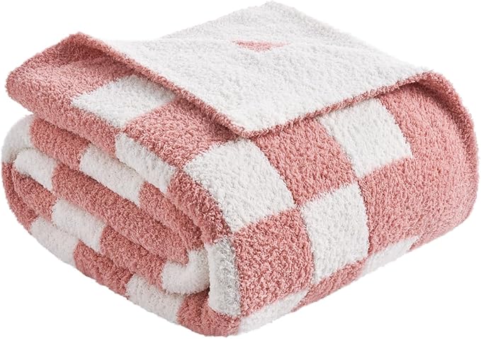Snuggle Sac Checkered Throw Blanket for Couch, Super Soft, Cozy Warm Knit Blankets, Reversible Plaid Fluffy Throws for Sofa Bed Checkered Pink, 50x60 Inches