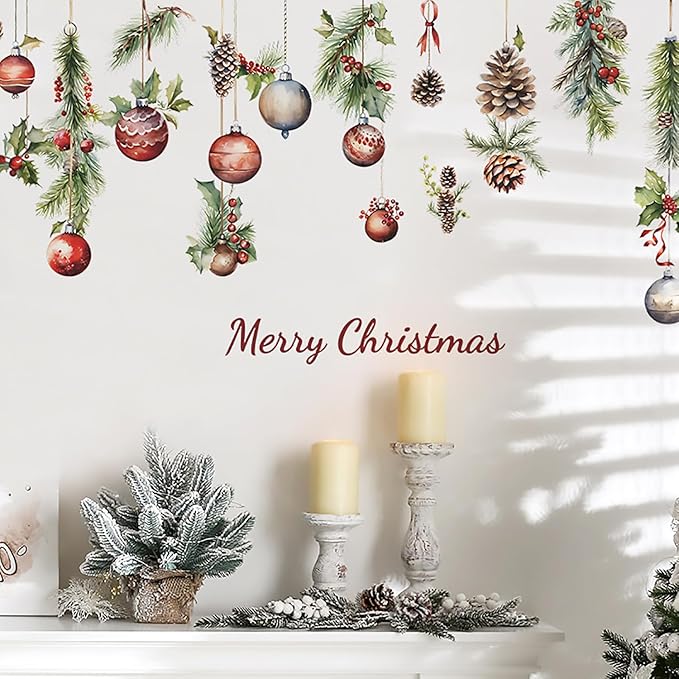 Christmas Wall Decals Winter Pine Cones Colorful Balls Removable Vinyl Waterproof Decorations Window Clings Stickers for Kid Room Bedroom Home Party Decor