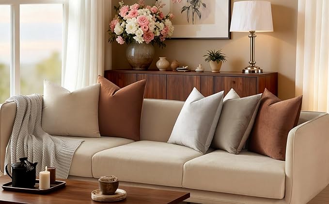 JUSPURBET 18x18 Throw Pillow Covers Set of 2 Decorative Pillow Covers for Couch Sofa Bed Cozy Velvet Cushion Covers Cases with Invisible Zipper for Living Room Home Decor,Mocha Mousse