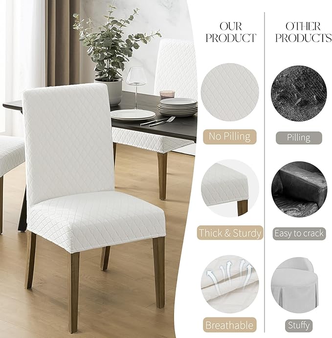 MOSAYT 100% Waterproof Dining Room Chair Covers Set of 4, Super Fit Stretch Jacquard Parson Chairs Slipcovers Removable Washable Chair Seat Protectors for Home, Kitchen, Banquet (White)
