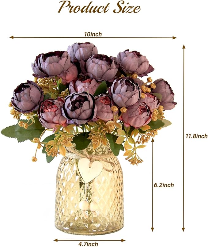Faux Flowers in Vase,Fake Flowers in Vase 21 Pcs Faux Peony Flowers,Artificial Flowers for Home Decor, Indoor Centerpiece for Living Room & Dining Table (Purple Red)