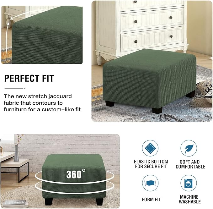 H.VERSAILTEX Square Ottoman Covers Ottoman Slipcovers Folding Storage Stool Furniture Protector Form Fit with Elastic Bottom, Stretch High Spandex Small Checks Jacquard Fabric(Large,Bronze Green)
