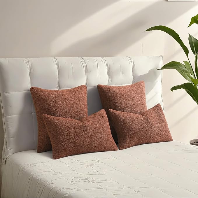 HAUSSY Set of 2 22x22 Decorative Throw Pillow Covers, Soft Cozy Textured Boucle Couch Cases, Home Decor for Couch Bed Living Room, Rust