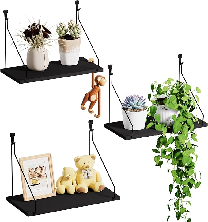 Elevate Your Space with Rustic Wood Floating Shelves Set of 3- Perfect for Bedroom, Living Room, Bathroom, and Kitchen Decor - Easy Installation, No Drilling Needed! Black