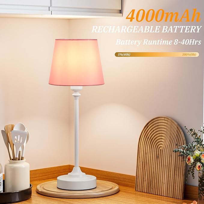 Cordless Table Lamps Rechargeable Set - 2 Pack White 4000mAH Battery Operated Lamps for Decor, 3000K Stepless Dimming Touch Control Wireless Lamps for Bedroom, Dining Table, Living Room, Pink Shade