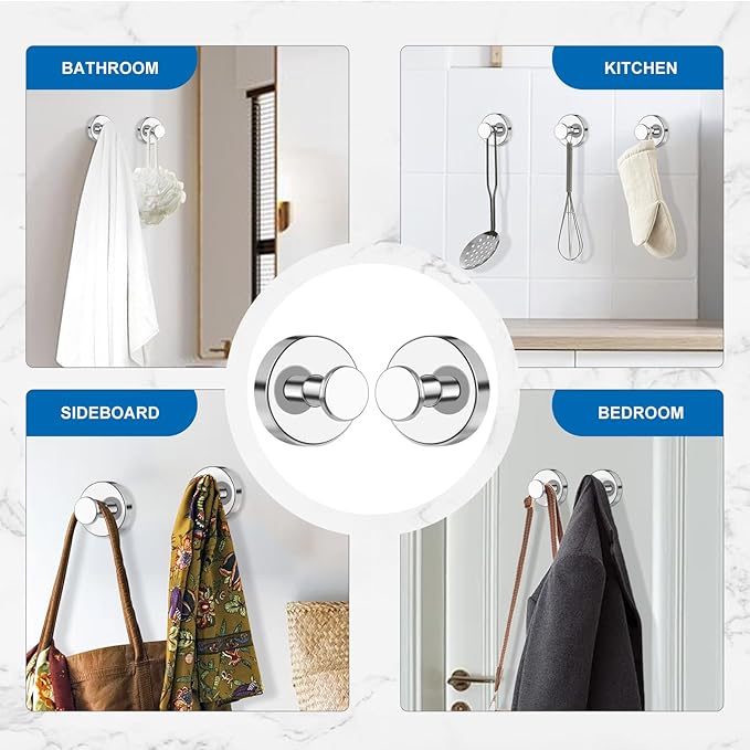 Suction Cup Hooks for Shower Towels Robes, Heavy Duty Wreaths Holder Hanger on Glass Window Door, Stainless Steel, No Drill on Smooth Wall, Mirror, Tile to Hang Swimsuit Washcloths (2, Chrome)