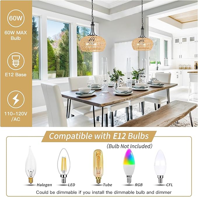 Farmhouse Chandelier Light Fixtures, 3-Light Rattan Boho Pendant Lighting Ceiling Hanging Lamp with Woven Lampshade, Coastal Hanging Light Fixtures for Dining Room Kitchen Island Living Room Entryway