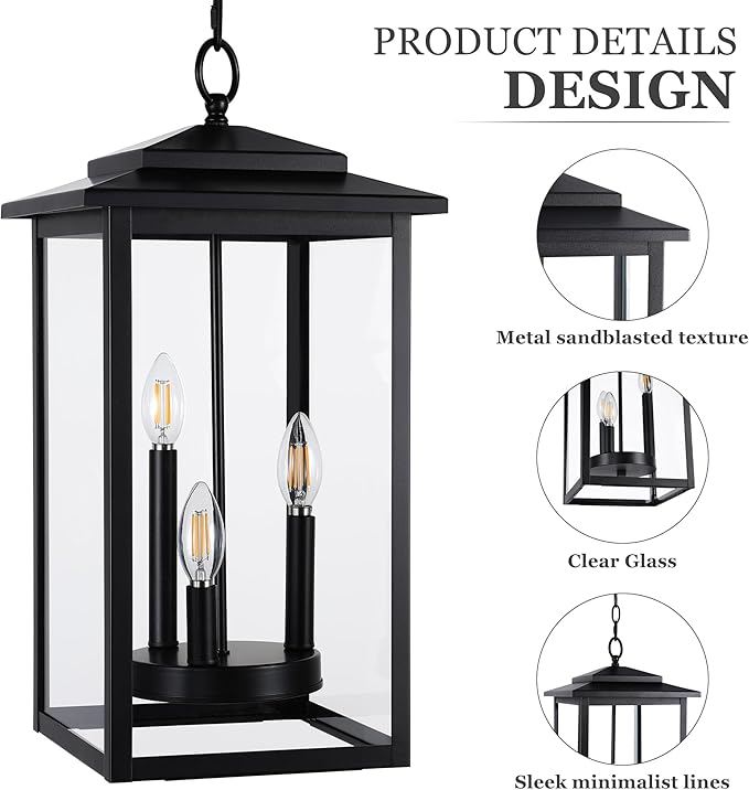 LamQee Large Outdoor Pendant Lights for Porch, 3-Lights Matte Black Outdoor Chandelier Lighting Fixture, Modern Exterior Ceiling Hanging Lantern with Glass, for Front Door Patio Gazebo Entryway Foyer