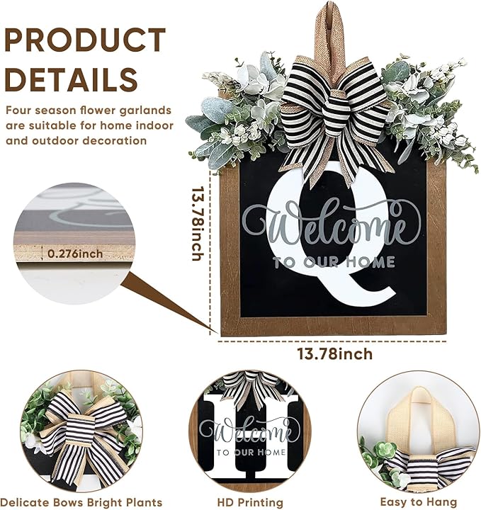 Ultra Large 14'' Last Name All Year Round Front Door Wreath with 26 Initial Letter Welcome Sign All Seasons Eucalyptus Garland and Bow Wreaths for Front Door Porch Farmhouse Decoration (Q)