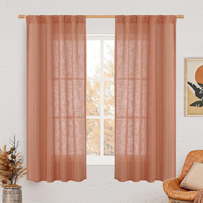LAMIT Terracotta Linen Semi Sheer Curtains 63 Inch for Bedroom, Light Filtering Neutral Window Curtains Farmhouse Boho Back Tab and Rod Pocket Panels, 2 Panels, 38 x 63 Inch