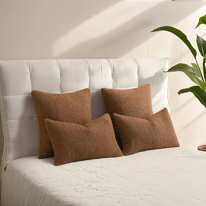 HAUSSY Set of 2 20x20 Decorative Throw Pillow Covers, Soft Cozy Textured Boucle Couch Cases, Home Decor for Couch Bed Living Room, Tobacco
