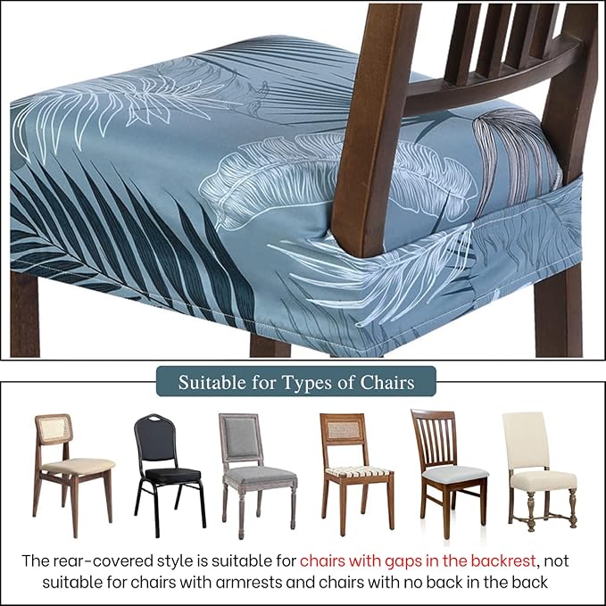 SearchI Stretch Dining Chair Seat Covers Set of 6, Soft Removable Washable Seat Covers for Dining Chairs, Dining Room Seat Cover Slipcover Protector (Rear-Covered, Blue Foliage)