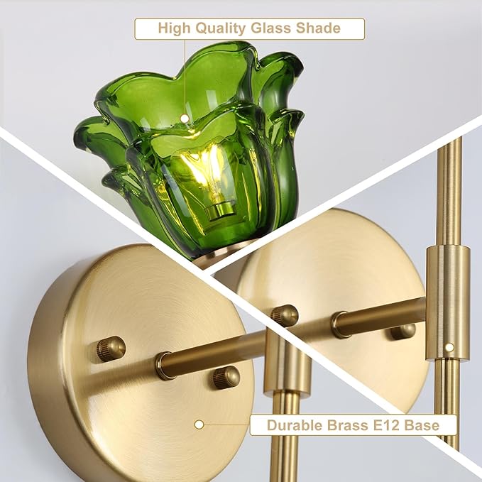 2 Pack Gold Wall Sconce with Green Glass Shades, Modern Mid Century Bathroom Vanity Wall Light Fixtures, Industrial Brushed Brass Wall Lamp, for Bedroom Mirror Living Room, ETL Listed