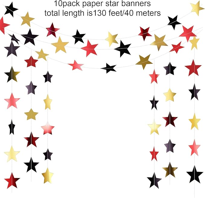 Patelai Glitter Star Garland Banner 2026 New Years Decor 130 Feet Star Hanging Banner Twinkle Backdrop for Birthday Classroom Wedding Christmas Party Supplies(Red, Black, Gold)