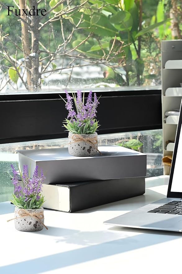Small Fake Plants with 2 Pack, The Lavender for Bathroom Shelf Decor, Lavender Plant for Home Living Room Office Bedroom Table Tray Shelve Farmhouse Decor Indoor