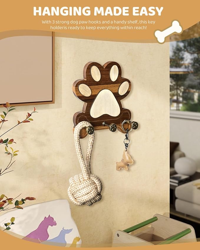 MTERSE Wooden Dog Leash Holder for Wall – Dog Leash Holder, Key Rack, and Coat Hanger – Rustic Farmhouse Wall Decor for Entryway Storage, Room Decor & Home Necessities(Acacia)