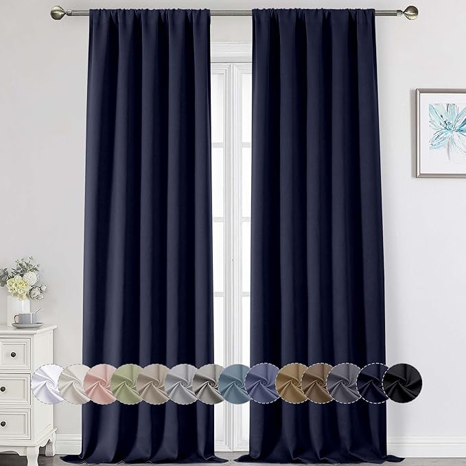 Extra Long Navy Blue Blackout Curtains for Bedroom Living Room 120 Inches Long 2 Panels, Soft Solid Room Darkening Thermal Insulated Window Treatments, Rod Pocket Curtain, 50" Wx120 L