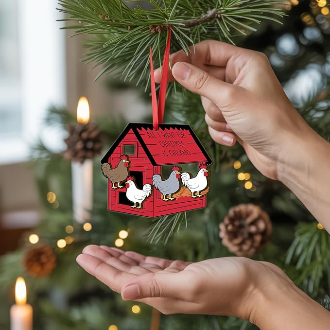 Chicken Ornament for Christmas Tree, Wooden Coop Farm Decor, All I Want for Christmas is Chickens Wooden Farmhouse Gift for Farm Lovers 2025