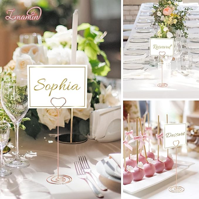 16pcs Place Card Holders, 8.75 Inches Tall Table Number Holders, Rose Gold Picture Holder for Tables with Heart Shaped Clip for Wedding, Photos, Food Signs, Memo Notes, Restaurant, Birthday