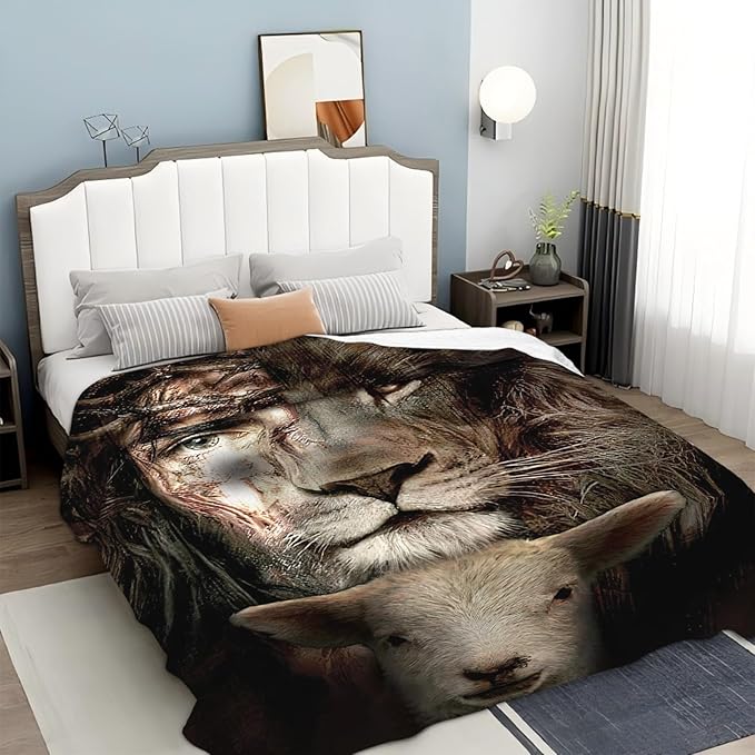 Tijuboni Lion Lamb Throw Blanket Christian Religious Gifts for Women Men Girls Boys Kids Adults Soft Flannel Fleece Blanket for Couch Sofa Bed Home Decor 60"x80"