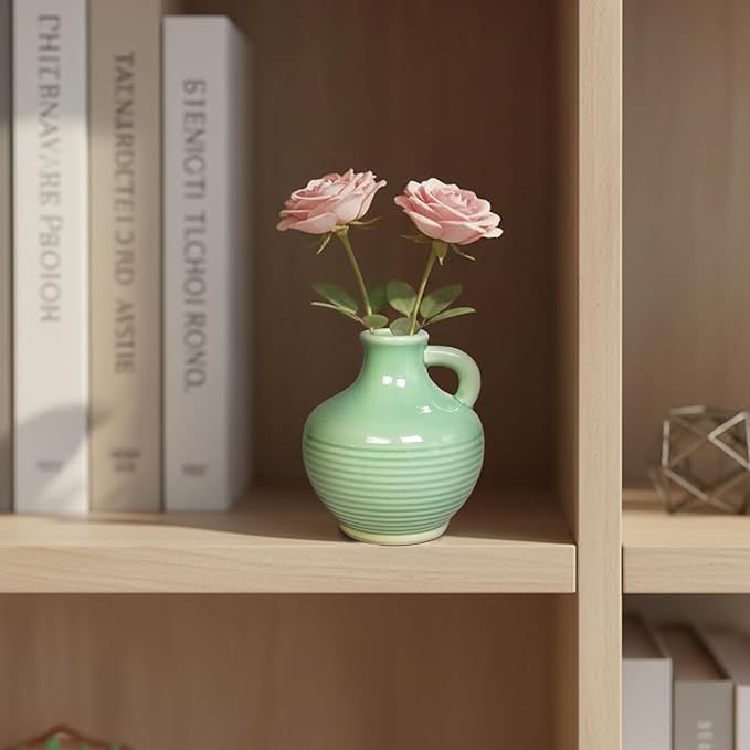 Sunddo Green Ceramic Vase 6 Inch - Small Modern Decorative Vase with 1 Handle for Home Decor, Boho Decor, Room, Bathroom, Living Room, Kitchen, Office