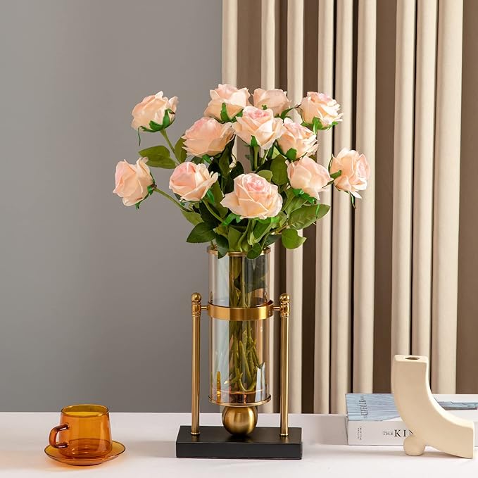 Hawesome 12PCS Artificial Silk Flowers Realistic Roses Bouquet Long Stem for Home Wedding Decoration Party (Gradient Light Pink)