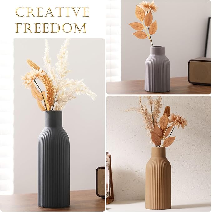 Ceramic Vase Set of 3 - Handcrafted Ceramic Vases for Home Decor & Shelf - Modern Farmhouse Decor for Kitchen, Office, Bedroom & Living Room Decorative Objects for Mantel, Table Centerpieces