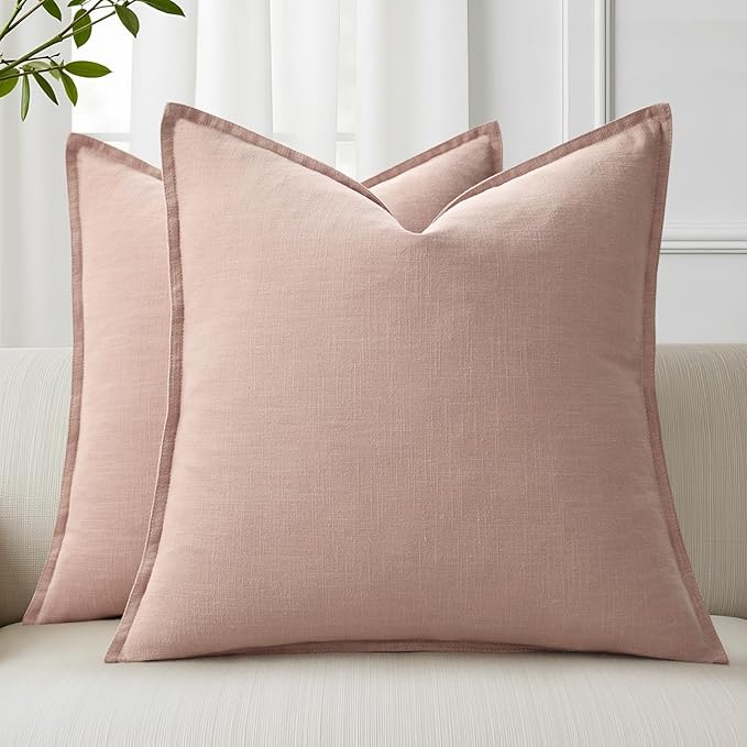 decorUhome Christmas Decorative Linen Throw Pillow Covers 26x26 Inch Set of 2 Pink Soft Pillow Covers with Flange Edges Soft Farmhouse Boho Accent Pillow Cases for Couch Sofa Bed Living Room