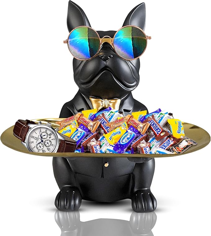 Bulldog Tray Statue, Sitting Bulldog Candy Dish Key Holder Bowl, Bulldog Accessories, Resin Statues for Office Desk Home Decor Figurines Entryway Table Decor (Black)