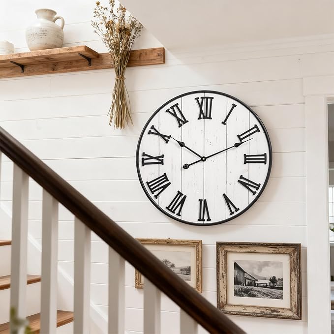 MODE HOME Large Rustic Wooden Wall Clock, 24 Inch Whitewashed Farmhouse Wall Clock with Carved Roman Numerals, Silent Battery Operated Round Vintage Clock for Living Room, Kitchen, Bedroom, Study Room