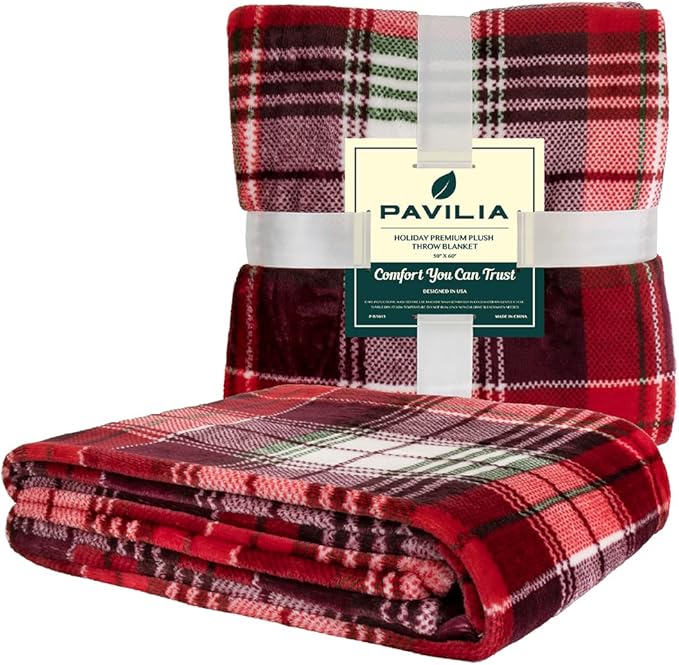 PAVILIA Throw Blanket | Holiday Christmas Red Fleece Blanket | Soft, Plush, Warm Winter Cabin Throw, 50x60 (Red Green Plaid)