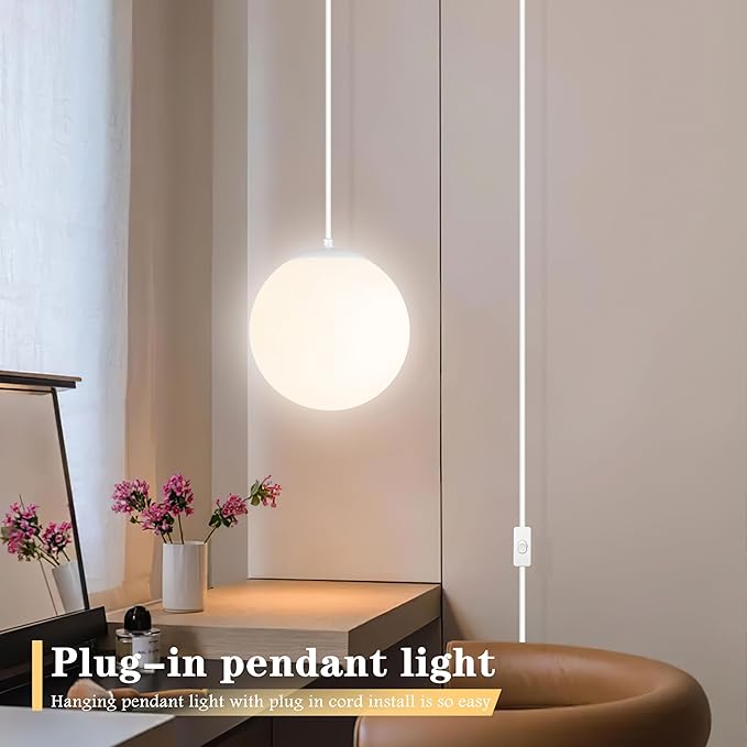 KoKo&Yukina 10" Globe Pendant Light White Plug in Pendant Light Adjustable Hanging Lights with Plug in Cord Matte White Finished with Milk Glass Lampshade for Bedroom Kitchen Island（Bulb Included）