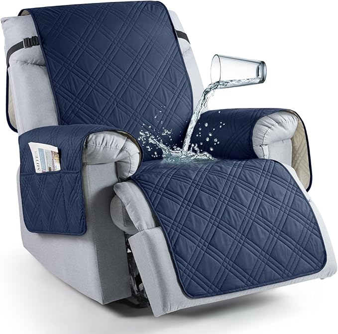TAOCOCO 100% Waterproof Recliner Chair Covers, Non Slip Recliner Covers for Recliner Chair with Pocket, Washable Reclining Chair Cover Furniture Protector for Kids,Dogs(25'', Navy Blue)