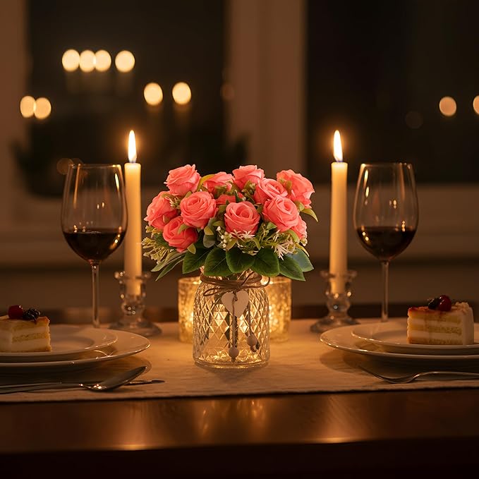 Faux Flowers in Vase,Fake Flowers in Vase 18 Pcs Faux Rose Flowers,Artificial Flowers for Home Decor, Indoor Centerpiece for Living Room & Dining Table (Pink)