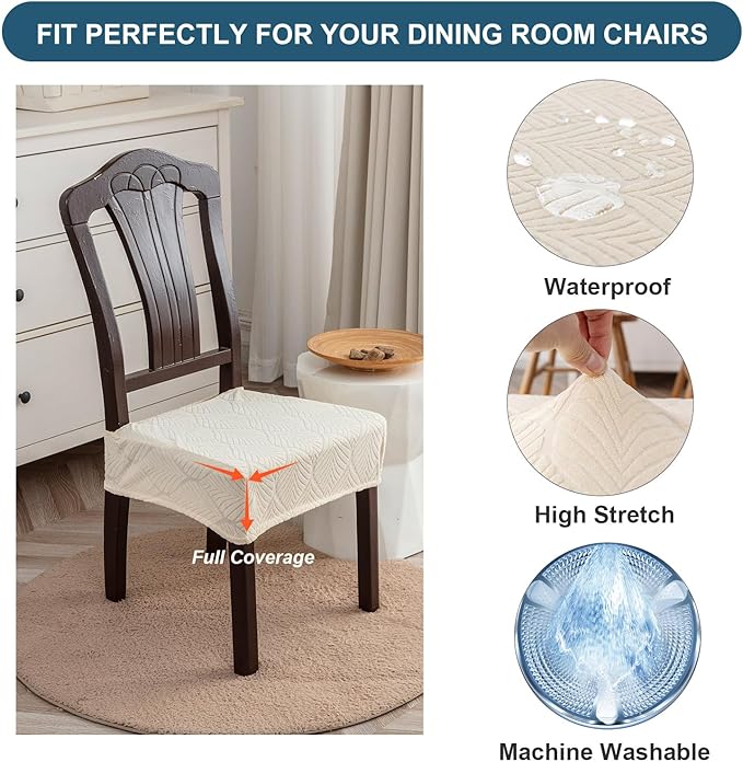 Removable Washable Dining Chair Seat Covers Set of 6,Stretch Jacquard Chair Seat Cushion Protector Slipcovers, Rear Covers